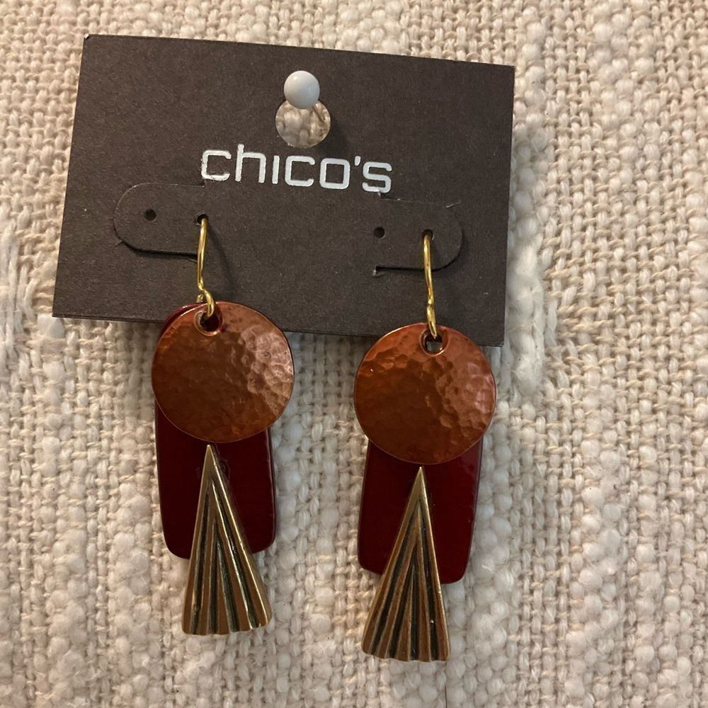 0166-Chico's Red and Gold Dangle Earrings‎